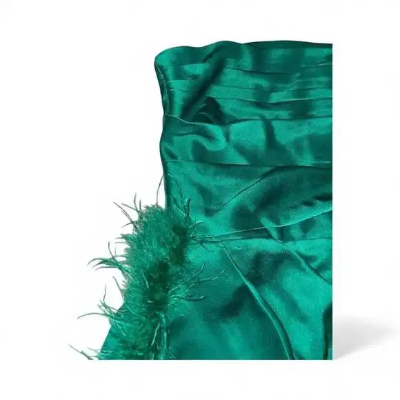 Perrin Emerald Green Feather Dress High Slit Gown, Perrin Emerald Green Feather Dress High Slit Gown,